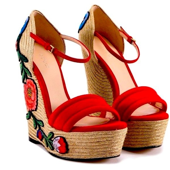 Gucci | Shoes | Gucci Red Suede Embroidered Wedges | Poshmark